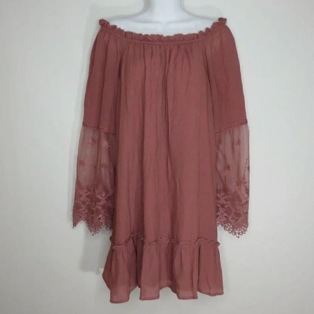 Anthro AUW Mini Tunic Dress L Dusty Pink Mauve Sheer Bell Sleeve Peasant Boho